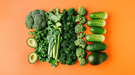 Variety of fresh green vegetables on orange background, top view.の素材