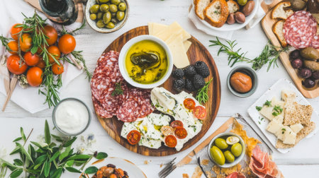 Antipasto platter with cheese, salami, olives and herbsの素材