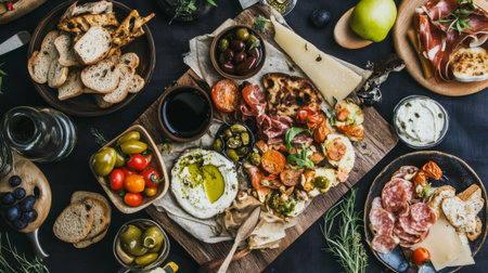 Top view of different appetizers and antipasti on wooden tableの素材