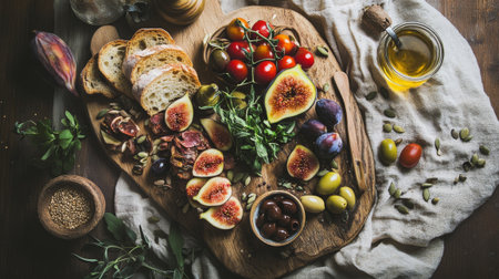 Italian antipasti wine snacks. Bruschetta with figs, olives, ciabatta bread, tomatoes, olive oil and spices on rustic wooden background, top viewの素材