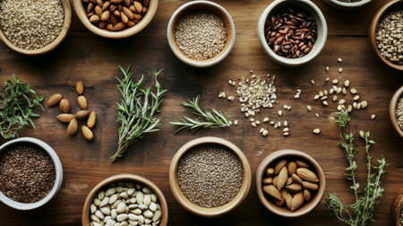 Flat lay composition with different types of legumes on wooden backgroundの素材