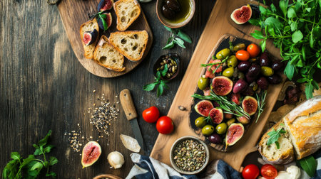 Variety of olives, tomatoes and herbs on cutting board.の素材