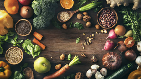 Healthy food background. Vegetables, fruits and nuts on wooden tableの素材
