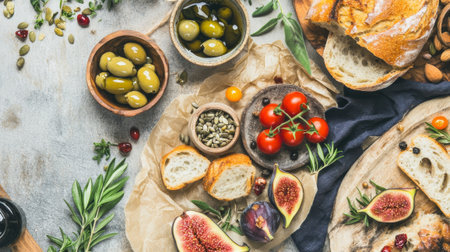 Italian antipasti wine snacks set. Bruschetta, mozzarella cheese, olives, figs, tomatoes, capers and herbs on rustic background, top view, copy spaceの素材