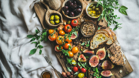 Antipasto with olives, figs and bread on wooden boardの素材