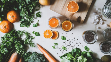 Top view of fresh ingredients for smoothie on white wooden table.の素材