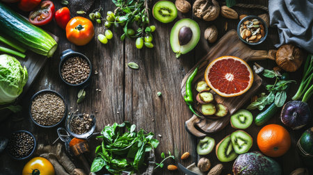 Healthy food background. Vegetables, fruits and nuts on wooden tableの素材