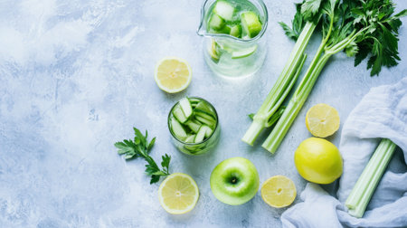 Detox water with celery, apple, lemon and cucumber in a glass on a light background.の素材