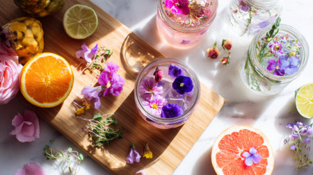 Fruit smoothies in a glass jar on a white marble tableの素材