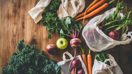 Organic vegetables in reusable shopping bags on wooden background. Zero waste concept.の素材