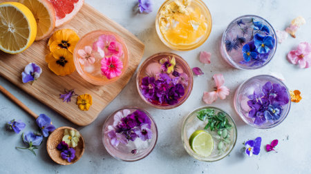 summer lemonade with edible flowers, selective focus, top viewの素材