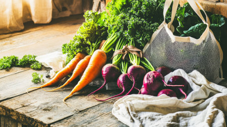 Organic vegetables in a bag on a rustic wooden table.の素材
