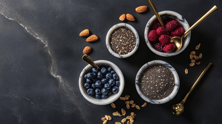 Healthy superfoods with chia seeds, blueberries, raspberries, almonds and chia seeds in bowls on dark backgroundの素材