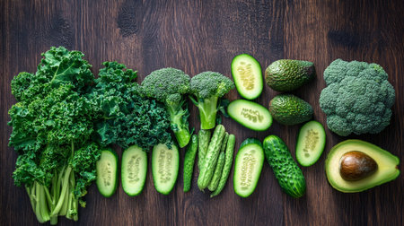 Fresh green vegetables on a wooden background, top view, copy spaceの素材