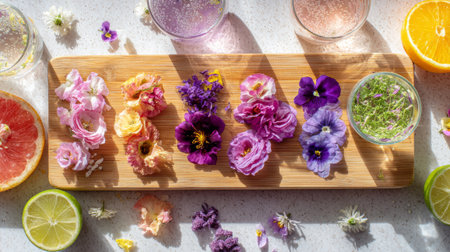 Flowers on a wooden board. Flat lay, top view.の素材