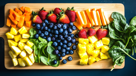 Fresh fruits and berries on a wooden board. Healthy eating concept.の素材