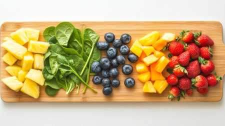 Fresh fruits and berries on wooden cutting board. Healthy food concept.の素材