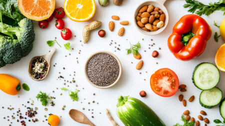 Healthy food background. Vegetables, fruits and nuts on white tableの素材