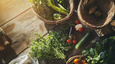 Fresh vegetables in basket on wooden table, top view with copy spaceの素材