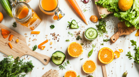 Healthy food and drink concept. Fresh vegetables, fruits and juice on a white wooden tableの素材