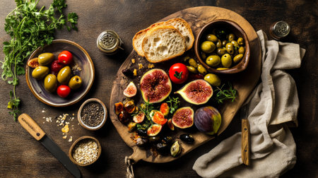Olive appetizer with figs, olives, tomatoes and breadの素材