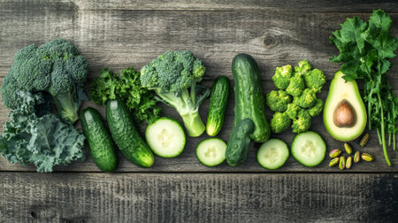 Fresh green vegetables on wooden background, top view, copy space.の素材