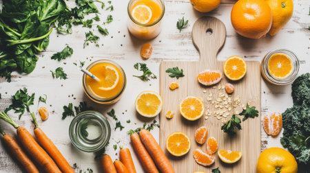 Top view of fresh orange smoothie with ingredients on white wooden tableの素材