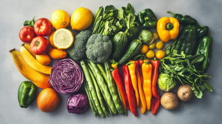 Fresh vegetables and fruits on a gray background. Healthy food concept.の素材