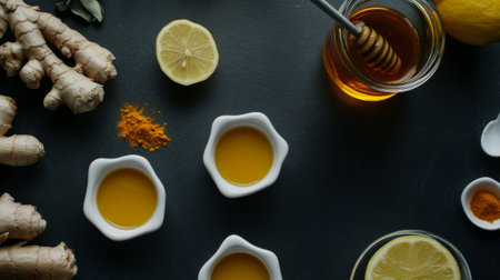 Ginger, honey, lemon and turmeric on a black backgroundの素材