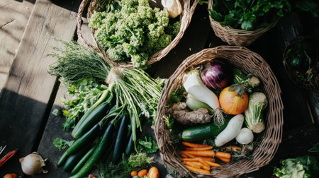 Fresh organic vegetables in wicker baskets on wooden table. Healthy food background.の素材