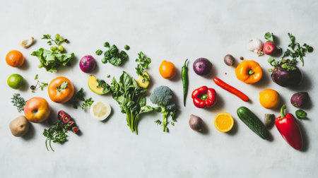 Variety of fresh vegetables on white background. Top view, flat layの素材