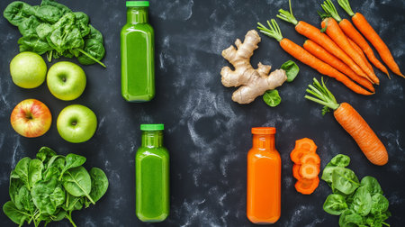 Bottles of fresh juice, apple, carrot, spinach and ginger on dark background. Top viewの素材