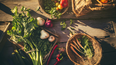 Fresh organic vegetables in basket on wooden table. Top view, copy spaceの素材