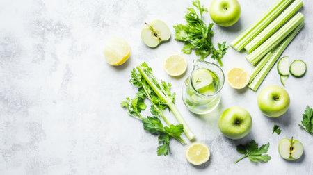Detox water with celery, apple and lemon on a light background.の素材