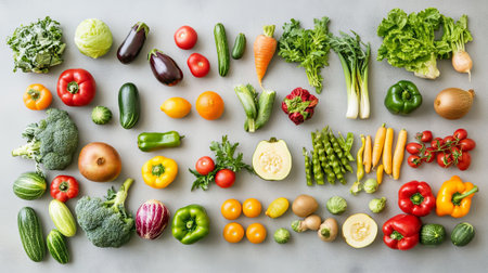 Variety of fresh vegetables on gray background. Top view, flat layの素材