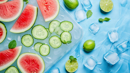Watermelon, cucumber, mint and ice cubes on blue backgroundの素材