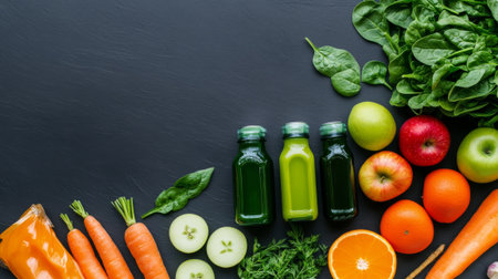 Fresh fruit and vegetable juices on a black background. Top view.の素材