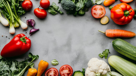 Fresh vegetables on grey background. Top view, flat lay, copy spaceの素材