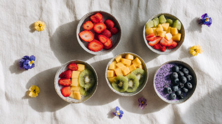 Healthy breakfast bowl with fresh fruit and berries on white tableclothの素材