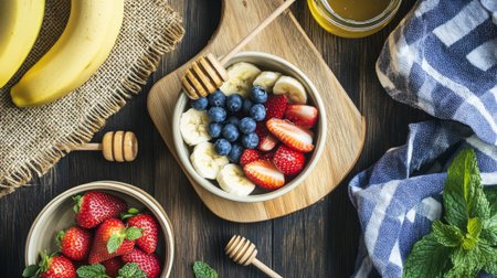 Healthy breakfast bowl with strawberries, blueberries, bananas and honey on wooden table, top viewの素材