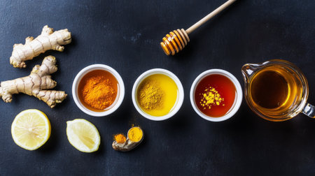 Ginger tea, honey, lemon and honeycomb on black backgroundの素材