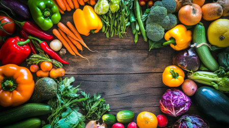 Healthy food background. Fresh vegetables on old wooden table. Top view.の素材