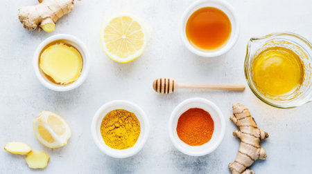 Healthy ingredients for cold remedies - honey, ginger, lemon, turmeric on a light background.の素材