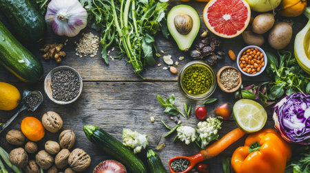 Healthy food clean eating selection on wooden background. Vegetables, fruits and superfoods. Top view.の素材
