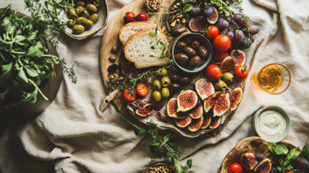 Top view of tasty appetizers with figs, olives, mozzarella cheese, tomatoes and herbs on rustic wooden table.の素材