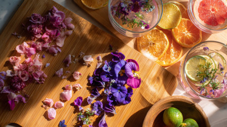 Flowers and fruits on a wooden cutting board. Selective focus.の素材