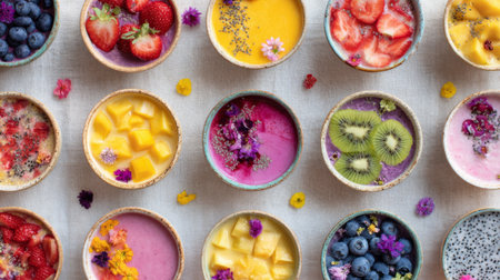 Top view of colorful smoothies in bowls with fresh berries, mango, kiwi and chia seedsの素材