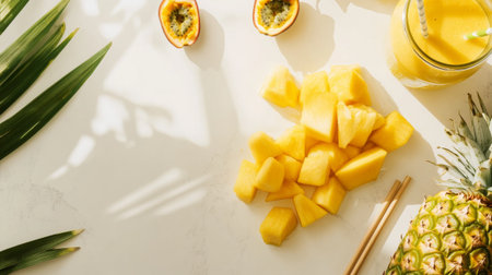 top view of fresh pineapple and mango smoothie in glassle surfaceの素材