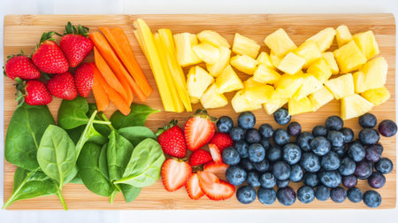 Fresh fruits and vegetables on cutting board, healthy eating and dieting conceptの素材