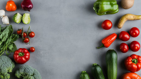 Fresh vegetables on a gray background, top view, copy space.の素材